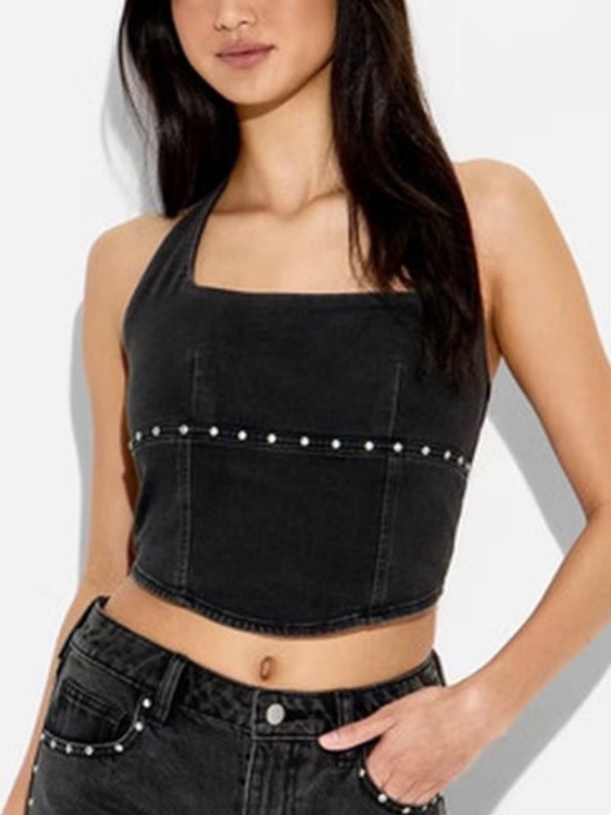wild fable Tops - Wild Fable Western Black Denim Studded Halter Zip Back Crop Top. Size XXS NWT!